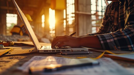 Poster - close up portrait of civil engineer using laptop to planning project schedule.