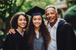 © VisualProduction - Female student celebrating graduation with their proud parents, mixed race. Celebrating big life events together, proud immigrant parents.
