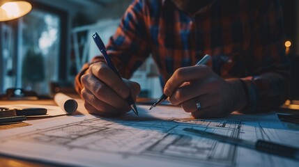 Wall Mural - Engineer of architect starting draw a house blueprint on the desk in the office at construction working site