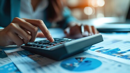 Poster - Finance and Investment, data analysis concept. Business woman using calculator to calculate financial report and analyzing market data