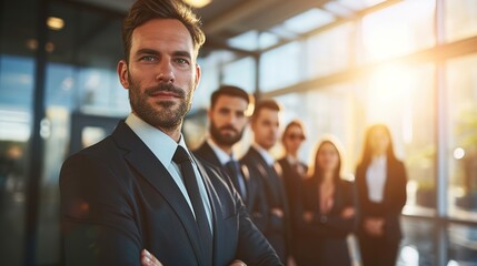 Canvas Print - Group of friendly businesspeople with male leader in front