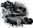 monochromatic hot rod car with woman and skull