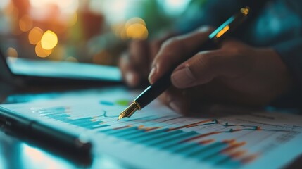 Poster - hands of businesswoman examining graph at desk,financial advisor and accounting concept