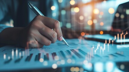 Poster - Hand of businessman with pen analyzing graphs and chart in office
