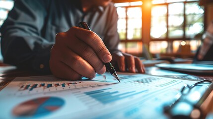 Poster - Hand of businessman with pen analyzing graphs and chart in office