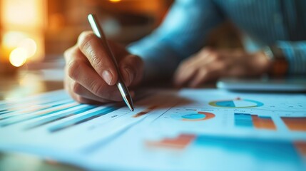 Poster - Hand of businessman with pen analyzing graphs and chart in office