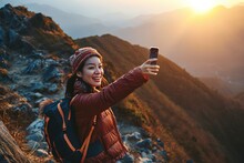 Happy Asian Mountaineer Girl Taking Selfie With Backpack