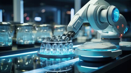 Poster - robotic arm in lab precision-filling vials, showcasing automation efficiency