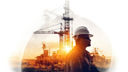 engineer posing with arms crossed and the tower and Crane on sunset and white background