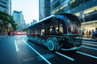 autonomous AI-driven bus on city street with blue lights