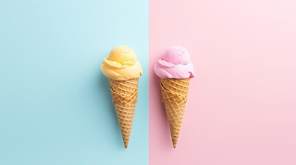 Wall Mural - flat lay simplicity back ground of summer strawberry vanilla ice cream cone on clear clean background, sweet and cold ice-cream scoop in wafer cone, Generative Ai