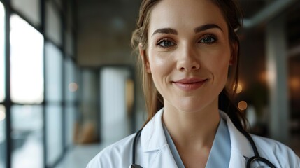 Poster - Happy young woman doctor wears white medical coat and stethoscope looking at camera. Smiling female physician 