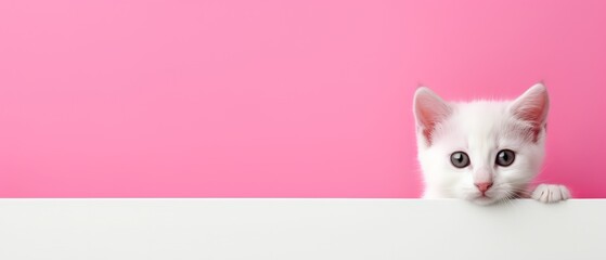 cute white cat enthusiasm curious looking from pink wall , vivid and funny pet background, Generative Ai