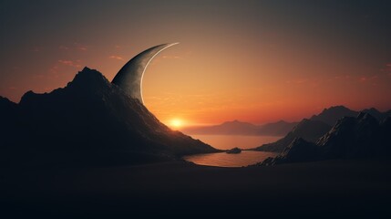 Wall Mural - crescent moon at sunset against a landscape background