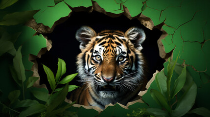 a tiger peeking out of torn paper on the green wall, in the style of topographical realism