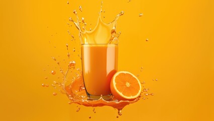 Wall Mural - Glass of orange juice with liquid splashes on orange background