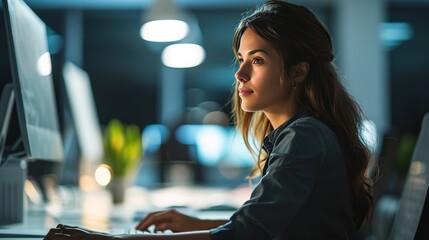 Canvas Print - oung businesswoman working on a computer in an office