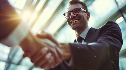 Poster - Portrait of cheerful young manager handshake with new employee. Business partnership meeting in office. Close up of handshake in the office. Mature businessman shake hands with a younger colleague