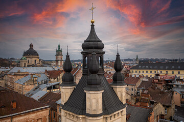 Wall Mural - Panoramic aerial view on Lviv from drone