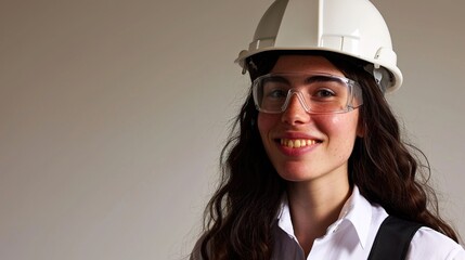 Sticker - Portrait young engineer woman wearing white safety-helmet smiling toothy in shot studio isolated on white background.