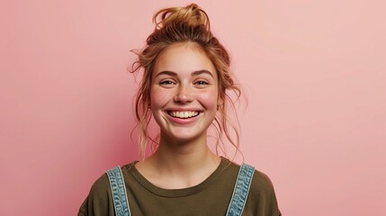 Sticker - Pretty smiling joyously female with fair hair, dressed casually, staring at camera with satisfaction, pleased. Studio photo of a lovely woman isolated against a blank studio wall.