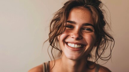 Sticker - Pretty smiling joyfully female with fair hair, dressed casually, looking with satisfaction at camera, being happy. Studio shot of good-looking beautiful woman isolated against blank studio wall