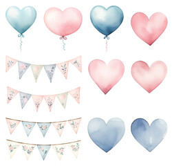 Wall Mural - Collection of watercolor balloons, banners and hearts. Valentine's day
