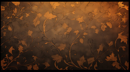 Wall Mural - orange warm background with black floral ornament, blank copy space