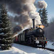A vintage steam train on snowy tracks with smoke billowing.