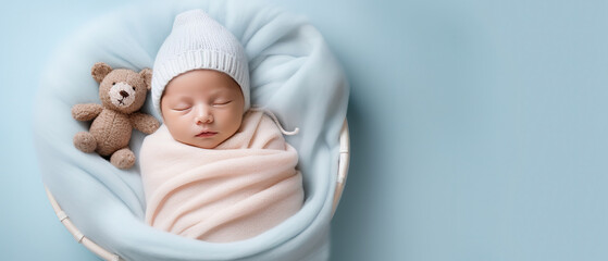 professional photography of newborn baby boy sleep, on blue baby bed, minimal modern design, with em