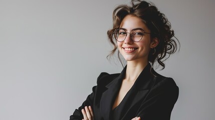 Wall Mural - Successful entrepreneur. Positive Lady Standing Crossing Hands On White Studio Background Smiling At Camera