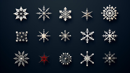 Canvas Print - collection of snowflakes isolated on a black background, flat minimalism graphics, set of winter patterns