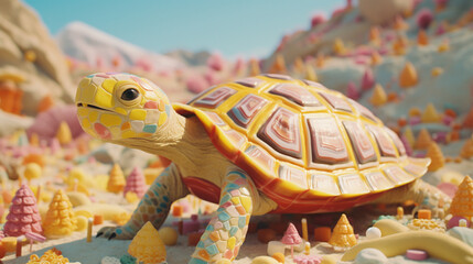 Fototapete - A caramel-coated turtle with jellybean shell patterns, enjoying a stroll in a candy forest.