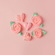 © misskaterina - Sweet tender background, roses and hearts from meringue on pink pastel background. Holiday concept, Saint Valentine, love, Mother Mom day, confectionery invitation, banner for your site