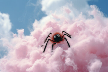 Fototapete - A licorice spider with chocolate chip eyes, spinning a web of cotton candy.