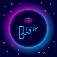 Poster - Glowing neon line Smart security camera icon isolated on black background. Internet of things concept with wireless connection. Colorful outline concept. Vector