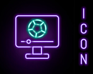 Poster - Glowing neon line Football soccer match on TV icon isolated on black background. Football online concept. Colorful outline concept. Vector