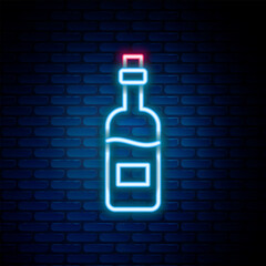 Wall Mural - Glowing neon line Bottle of wine icon isolated on brick wall background. Colorful outline concept. Vector