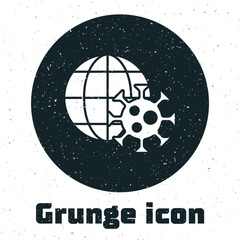 Sticker - Grunge Earth globe with virus icon isolated on white background. Corona virus 2019-nCoV. Bacteria and germs, cell cancer, microbe, fungi. Monochrome vintage drawing. Vector.