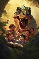 Aufkleber - An educational illustration showcasing a group of curious children on a dinosaur discovery expedition, uncovering fossils and learning about prehistoric creatures.
