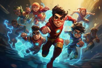 Aufkleber - A dynamic illustration featuring young superheroes in training, honing their powers and learning valuable lessons about teamwork and courage.