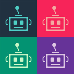Poster - Pop art Artificial intelligence robot icon isolated on color background. Machine learning, cloud computing.  Vector