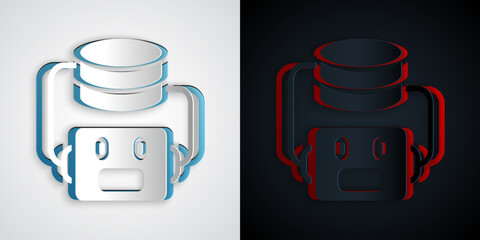 Poster - Paper cut Artificial intelligence robot icon isolated on grey and black background. Machine learning, cloud computing. Paper art style. Vector