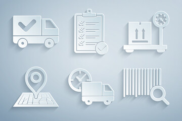 Poster - Set Delivery truck and clock, Scale with cardboard box, Placeholder on map, Search barcode, Verification of delivery list and check mark icon. Vector