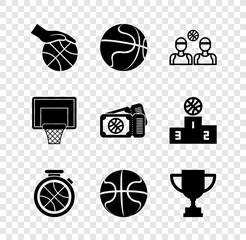 Sticker - Set Hand with basketball ball, Basketball, players, Stopwatch, Award cup, backboard and game ticket icon. Vector