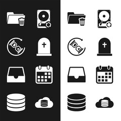 Poster - set tombstone with cross, waiting, delete folder, hard disk drive hdd sync refresh, social media inb