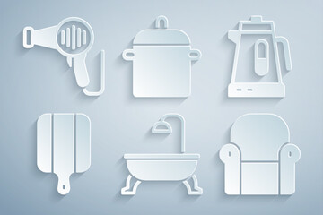 Poster - Set Bathtub, Electric kettle, Cutting board, Armchair, Cooking pot and Hair dryer icon. Vector