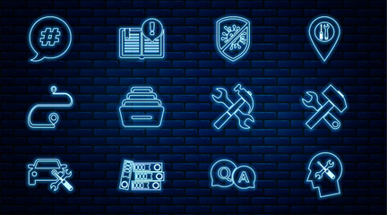 Poster - set line human head service, crossed hammer and wrench, stop virus, bacteria, drawer with documents,