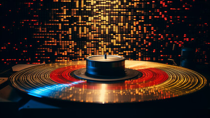 Poster - Nostalgic pixel art portraying a vinyl record spinning on a turntable, capturing the essence of classic music playback.