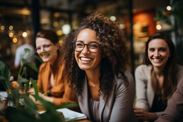 Wall Mural - Diverse group of women entrepreneurs gathered for a brainstorming session in their office, Generative AI